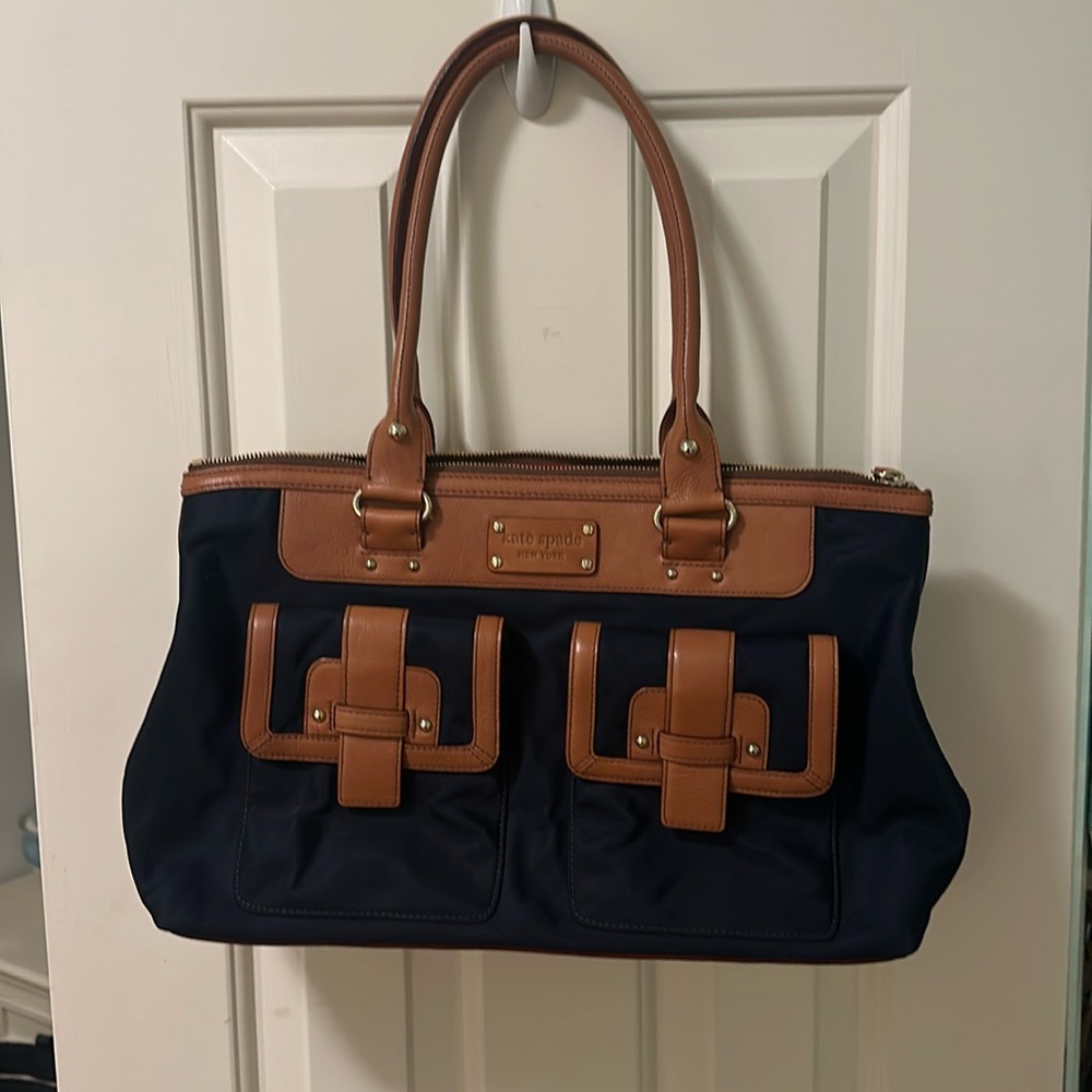 KATE SPADE NAVY CAMEL TRIMMED NYLON/LEATHER HANDBAG